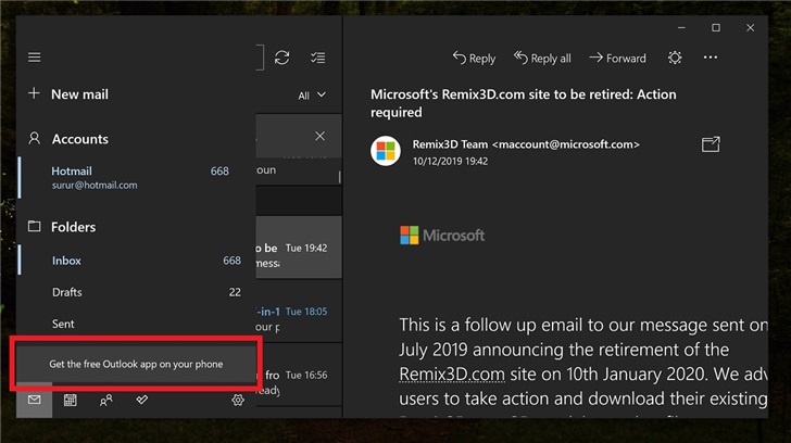 广告重返微软Windows10桌面版邮箱和日历应用程序