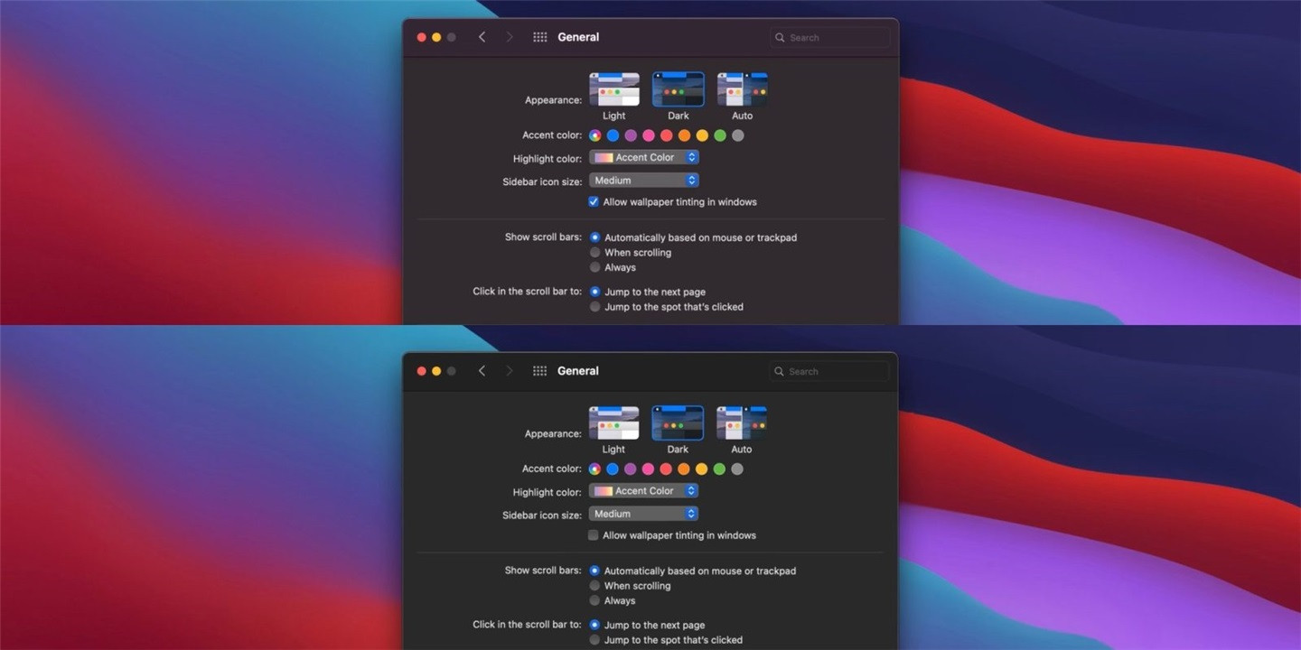 macOS11BigSur可在设置中禁用桌面着色以使深色模式效果更佳