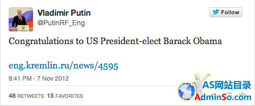 俄总统普京的首条推文：祝奥巴马连任成功