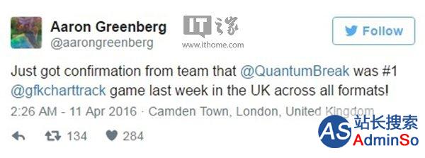 《量子破碎》夺得英国销量榜冠军：游戏素质获得称赞