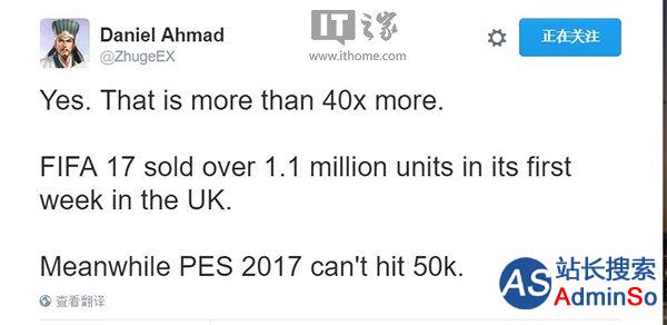 又暴死？《FIFA 17》英国首周销量超《实况》20多倍